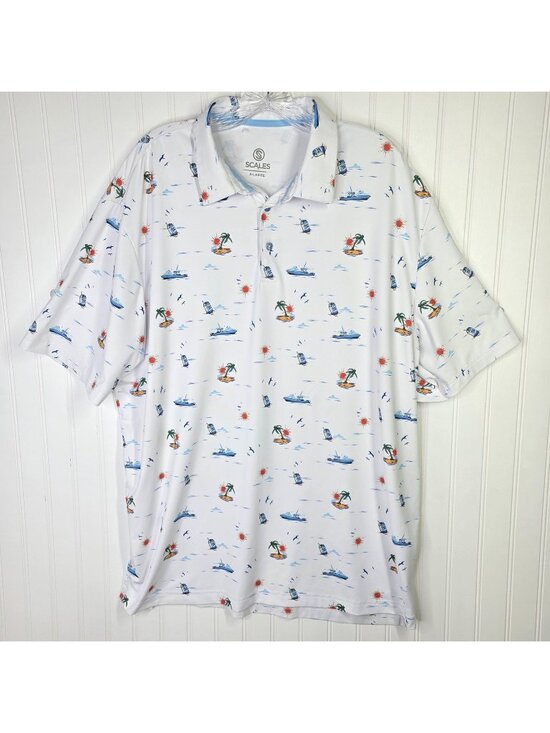 Scales Other - Scales Polo Shirt Mens XL White Nautical Boat Tropical Fishing Golf Booze Cruz